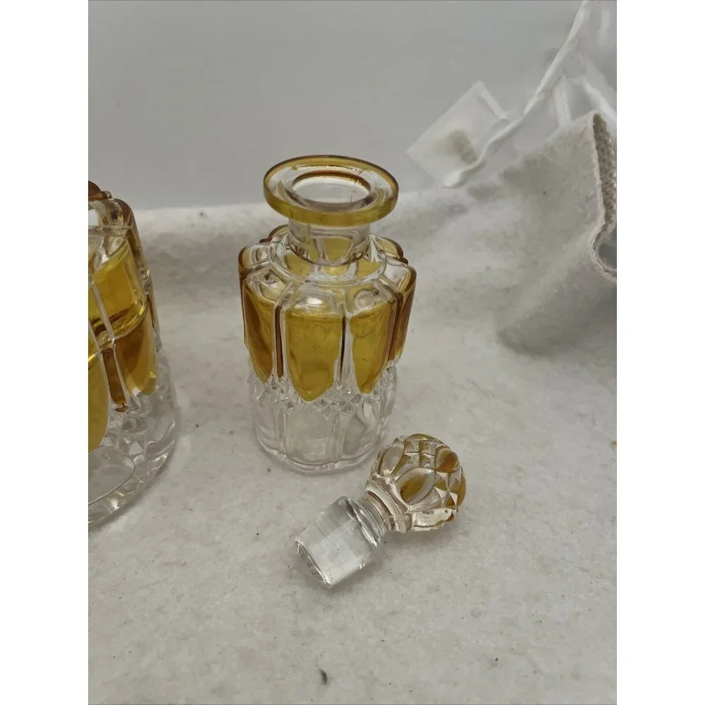 Antique Circa 1908 Val St Lambert Yellow & Clear Glass 8 Piece Vanity Set